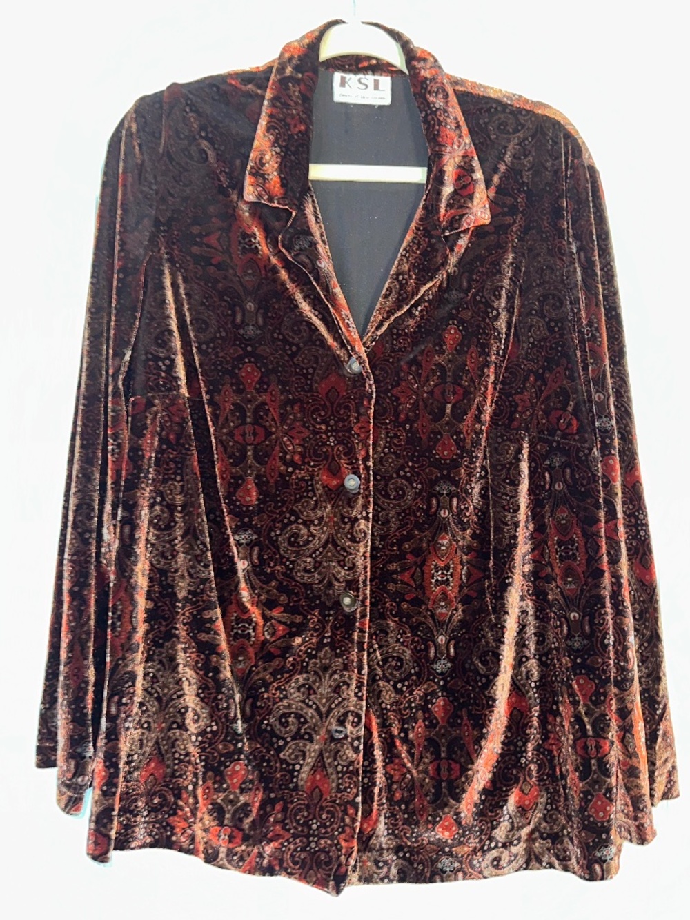 Vintage KSL Brown Paisley Velvet Button down shirt retro funky 70s style